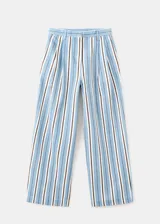 Pantalón wide leg de tiro alto, confeccionado en algodón, con diseño de rayas verticales en tonos celeste, azul marino y blanco.