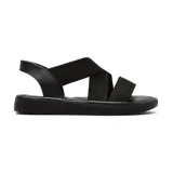 Sandalias bajas negras con tiras anchas cruzadas en el empeine y tira trasera con hebilla. Suela plana y plantilla acolchada.