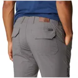 Pantalón de estilo utilitario color gris, confeccionado en tejido elástico con paneles reforzados. Presenta bolsillos laterales, bolsillos traseros, bolsillo de seguridad con cremallera y dobladillo ajustable con ceñidor.