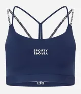 Top deportivo color gris oscuro con copas, breteles finos con lettering y estampado frontal "Sporty".