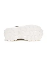 Sneakers de mujer Caterpillar modelo Intruder Lite Vent, de color negro con suela chunky blanca de EVA. Combinan paneles de malla transpirable y material sintético, con cordones negros y tiradores en la lengüeta y el talón.