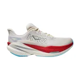 Championes de running Hoka Match X3, color blanco con entresuela combinada en rojo y blanco, y suela celeste.