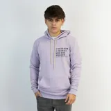 Canguro lila pastel de algodón sin felpa, con capucha y bolsillo tipo canguro. Estampa frontal con texto en letras negras.