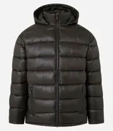 Campera puffer verde militar para hombre, con capucha, cierre frontal, bolsillos con cremallera y forro de sherpa.