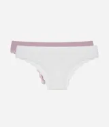 Kit de dos bombachas tipo bikini sin costura, una blanca y otra lila, con laterales largos y detalle de encaje en los bordes.