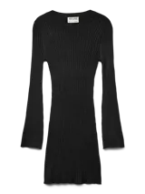 Vestido corto de punto acanalado en color negro, con cuello redondo y mangas largas. Presenta una silueta ajustada al cuerpo y una textura ligera y elástica.