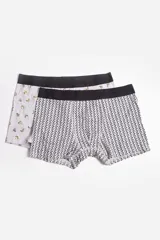 Pack de dos boxers para hombre, uno azul con estampado de dinosaurios y otro azul marino con estampado de símbolos.