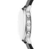Reloj cronógrafo Emporio Armani con caja de acero inoxidable plateada, esfera negra con acabado sunray, subesferas funcionales, fechador y correa de cuero negro.