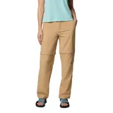 Pantalón de trekking convertible para mujer, color beige, con diseño desmontable que permite transformarlo en shorts. Cuenta con rodillas articuladas, múltiples bolsillos funcionales, presillas para cinturón y dobladillo ajustable.