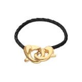 Pulsera de cuero trenzado color negro con cierre de mosquetón doble entrelazado bañado en oro de 18k.