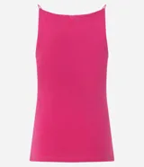 Blusa fucsia sin mangas confeccionada en algodón y elastano, con escote halter recto y tirantes finos elásticos.