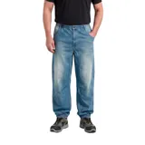 Pantalón de trabajo impermeable tipo jogger de denim, color azul con efecto deslavado, cintura elástica con cordón y puños elásticos en los tobillos.