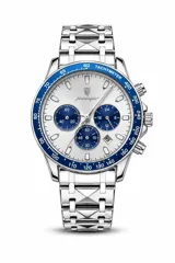 Reloj cronógrafo Poedagar modelo 815, con caja y malla de acero inoxidable en tono plateado, esfera blanca con subesferas azules y bisel taquimétrico azul.