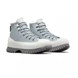 Championes Converse de caña alta con diseño robusto, confeccionados en cuero gris con textura. Presentan una suela de plataforma dentada en color gris moteado y una banda protectora de goma blanca que rodea la base del calzado.