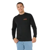 Remera de manga larga Rip Curl color negro, con cuello redondo y pequeño logo estampado en el pecho en tonos rojo y amarillo.