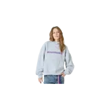 Hoodie oversize gris melange de Eme Studios, con capucha, bolsillo tipo canguro y estampado frontal con el logo de la marca en azul y rojo.