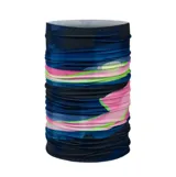 Bufanda tubular multifuncional Buff, confeccionada en tejido elástico y ligero con protección solar UPF 50. Presenta un diseño estampado con motivos abstractos y paisajes en tonos azules, rosas y verdes.