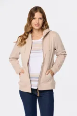 Canguro negro con capucha, cierre frontal y bolsillos laterales.