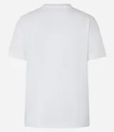 Remera blanca de algodón con estampado rectangular frontal con el texto "Jardin du Village" y un dibujo de una flor.