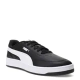 Championes Puma Court Classic Clean de cuero sintético negro con detalles en blanco, cordones negros y suela blanca con base negra.