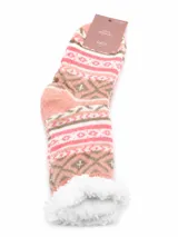 Media térmica con interior de corderito sintético, diseño estampado con motivos geométricos en tonos rosado, beige y blanco.
