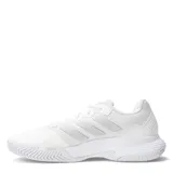 Championes de tenis Adidas Gamecourt 2.0 para mujer, en color blanco con detalles plateados. Presentan un diseño de malla transpirable, cierre con cordones y suela de goma diseñada para ofrecer estabilidad y tracción en la cancha.