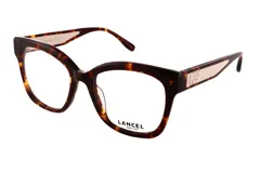 Lentes de marco completo con diseño estilo carey en tonos marrones. Presentan una forma cuadrada con bordes redondeados y patillas con detalle metálico dorado en el inicio.