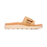 Sandalias Merrell modelo Fleur Slide, color tostado, con capellada de cuero de grano completo y correa ajustable con hebilla. Poseen plantilla revestida de corcho, entresuela de espuma y suela de goma duradera.