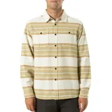 Camisa de franela a rayas horizontales en tonos beige, marrón y blanco, con cuello clásico, cierre frontal con botones y dos bolsillos con solapa en el pecho.