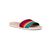 Sandalias planas Beira Rio para mujer, con base color beige y faja ancha superior decorada con franjas horizontales de colores: bordó, naranja, amarillo y turquesa.