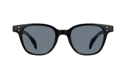 Lentes de sol de acetato negro con forma rectangular y detalles de tachas plateadas en las esquinas.