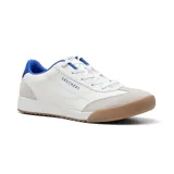 Championes Skechers Street Zinger - Ultimate Classic de estilo retro, color blanco con detalles en azul y beige. Capellada de cuero, malla y gamuza con puntera en T, plantilla Skechers Air-Cooled Memory Foam y suela de goma flexible.