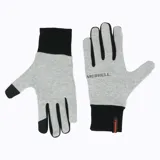 Guantes deportivos Merrell de tejido gris melange con detalles en negro en los dedos y puños. Presentan el logo de la marca estampado en el dorso y una etiqueta pequeña con el nombre de la marca en el puño.