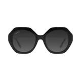 Lentes de sol Lancel negros con marco geométrico de acetato y lentes grises degradadas.