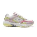 Championes Joma de running para mujer, con capellada de malla transpirable blanca con refuerzos en rosa, amarillo y lila. Suela de goma blanca con tecnología Pulsor y Stabilis.