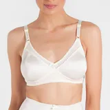 Soutien blanco sin aro, confeccionado con tela que contiene fibra LYCRA®, con copas moldeadas reforzadas y breteles elásticos regulables.