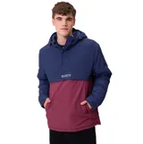 Campera tipo canguro con capucha, diseño bicolor en azul marino y bordó, con logo de la marca Rusty bordado en el pecho.