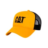 Gorro trucker amarillo con logo CAT negro en el frente y paneles traseros de malla negra. Visera curva y cierre ajustable a presión en la parte posterior.