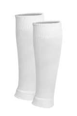 Medias de fútbol de caña alta, color blanco, con tejido elástico y puño reforzado en la parte superior.