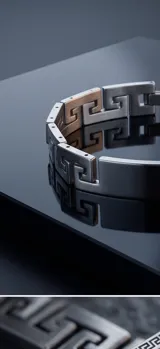 Pulsera rígida de acero inoxidable con diseño de guarda griega en los extremos y placa central lisa apta para grabado.