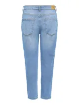 Pantalón jeans mom fit de tiro medio, color gris oscuro con efecto gastado, corte tipo girlfriend y costuras en contraste.