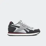Championes Reebok Glide de diseño clásico inspirados en archivos, con parte superior que combina paneles en tonos gris, negro y burdeos, cordones blancos y suela de goma con entresuela de EVA.