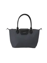 Bolso tipo tote marca Terrano, de color gris oscuro con detalles en negro. Cuenta con doble asa de hombro, cierre principal y solapa frontal con broche a presión y logo metálico.