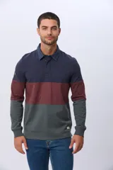 Remera polo de algodón de manga larga con diseño en bloques de color azul marino, bordó y verde oscuro. Tiene cuello y solapa de botones en azul marino.