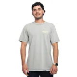 Remera gris con estampa amarilla en el pecho con la leyenda "La Vela Puerca".