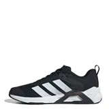 Championes Adidas Dropset Control para hombre, color negro con las tres tiras características en blanco en los laterales y entresuela de diseño técnico en blanco y gris.