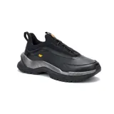 Sneaker Caterpillar modelo Voltage, color negro con detalles plateados y amarillos, confeccionada en cuero y malla, con suela robusta de goma.