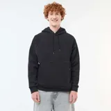 Buzo de algodón con capucha, manga larga y bolsillos frontales con cierre. Diseño liso en color negro.