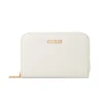 Billetera compacta Guess modelo Katy, color blanco con textura y detalles metálicos dorados. Cuenta con cierre perimetral y logo de la marca en la parte frontal.