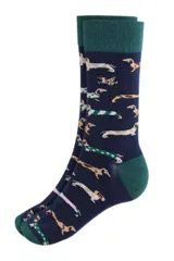 Par de medias de vestir azul marino con puño y talón verde oscuro, con diseño de perros salchicha en diferentes colores y posiciones.